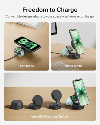 Belkin MagSafe Charger Compatible, 2-in-1 Wireless Charging Station, Qi2.2 25W Convertible Magnetic Charger for iPhone 17, Apple Watch Series 10, Google Pixel 10, and More (45W Adapter Included) - color: Black, style: 2 in 1