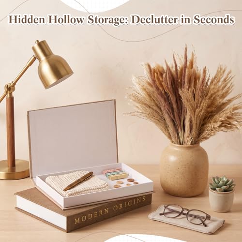 Junkin Set of 2 Decorative Books for Home Decor with 60 Pampas Grass Aesthetic Linen Fake/Faux Books Hidden Storage Boxes Modern Farmhouse Bookshelf Decor for Home Coffee Table Shelf Mantel