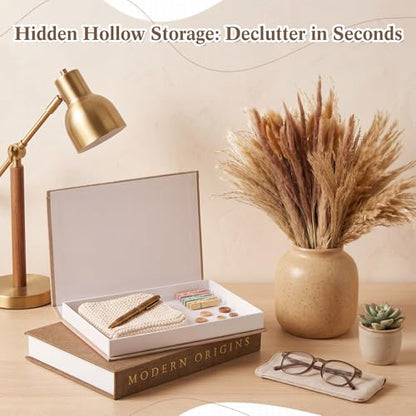 Junkin Set of 2 Decorative Books for Home Decor with 60 Pampas Grass Aesthetic Linen Fake/Faux Books Hidden Storage Boxes Modern Farmhouse Bookshelf Decor for Home Coffee Table Shelf Mantel