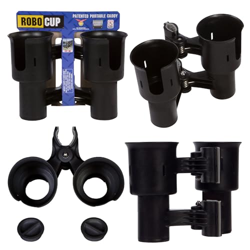 ROBOCUP, (Black), Patented Clamp On Boat Cup Holder |Multifunction Dual Drink Caddy for Fishing Poles, Tools, Net, Gaff |Portable Storage for Boating, Beach, Umbrellas, Golf Carts, Strollers - color: Black, size: Standard Spring