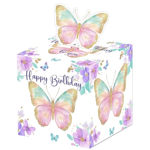 Butterfly Birthday Money Pull Box for Cash, Happy Birthday Butterfly Boxes Gifts for Money Pull Out Card, 50Pcs Transparent Bags - color: White
