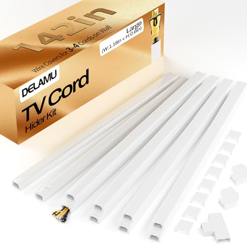 Delamu TV Cord Hider Wall, 142in Cable Hider, Large Cord Covers for 3-4 Wires on Wall, Paintable Wire Hiders Wire Covers for TV Cords on Wall, TV Cable Management Raceway, 1.18in W x 0.67in H, White - color: White, size: 142in L x 1.18in W x 0.67in H