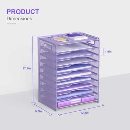 OUTWOLF 10 Tier Paper Organizer - Letter Tray Mesh Desk File Organizer with Handles for Office School Desktop, Purple - color: Purple