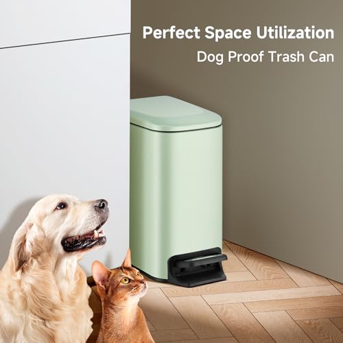 TIPGO Slim Bathroom Trash Can with Lid Soft Close, 6 Liter / 1.6 Gallon Stainless Steel Garbage Can with Removable Inner Bucket, Step Pedal, Small Trash Cans for Bedroom, Office, Kitchen (Green) - color: Green