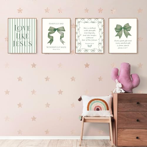 LARTSFRO Coquette Green Bow Jesus Wall Art Decor Posters, Olive Green Bow Christian Room Bedroom Bathroom Dorm Wall Art Decor Aesthetic for College Teen Girls Gifts, Inspirational Bible Verses Bow Wall Decor, 10x8 Inch Set of 4 Bow Pictures(UNFRAMED) - co