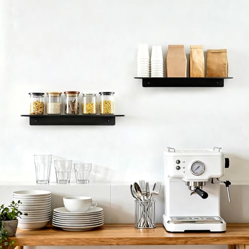 Metal Floating Wall Shelves - Small Wall Mounted Display Shelf for Collectibles, Mini Hanging Shelves Set for Bathroom, Bedroom, Kitchen & Living Room Decor (Black, 12 in-3 Pcs) - size: 12 IN-3 Pcs
