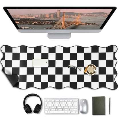 Copkim 1 Pcs Black Scalloped Checkered Desk Mat 31.5 x 11.8 Inch Large Cute Mouse Pad Computer Mat Non Slip Waterproof Rubber Base with Border Stitching Soft Keyboard Pad for Home Office Gaming Makeup - color: Black, style: Checkered