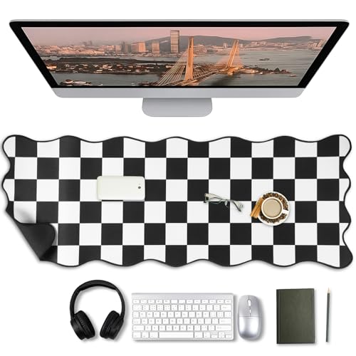 Copkim 1 Pcs Black Scalloped Checkered Desk Mat 31.5 x 11.8 Inch Large Cute Mouse Pad Computer Mat Non Slip Waterproof Rubber Base with Border Stitching Soft Keyboard Pad for Home Office Gaming Makeup - color: Black, style: Checkered
