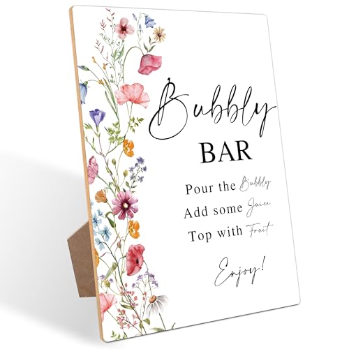 Bubbly Bar Sign, Flowers Bridal Shower Decorations, Wedding Reception Table Decorations, Engagement Party Decor, Boho Wooden Sign with Stand for Wedding Reception And Bridal Party Decor, 4 - color: Bubbly Bar4
