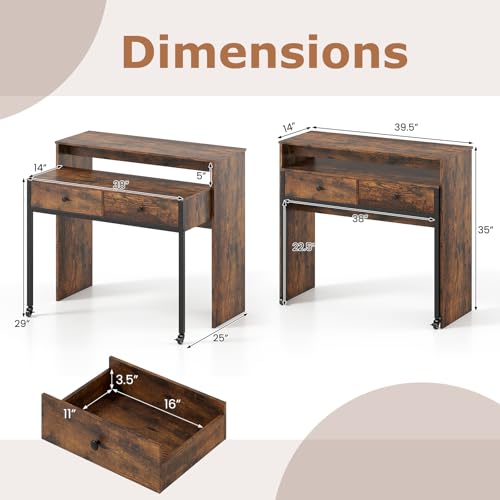Tangkula Extendable Computer Desk with 2 Storage Drawers, Convertible Home Office Desk with Monitor Shelf, Metal Frame & Lockable Wheels, Rolling Study Writing Desk (Brown) - color: Brown
