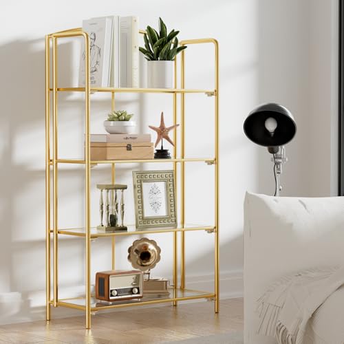 Crofy 4-Tier Wider Foldable Bookshelf, Gold Frame & Transparent Shelves | No-Assembly Collapsible Portable Storage Organizer; Sturdy Transparent Shelves; Ideal for Living Room & Home Office - color: Gold Frame & Transparent Shelf, size: 4 Tier Wider
