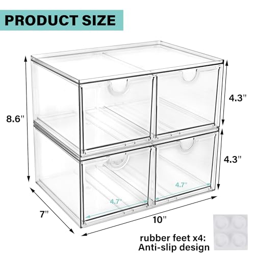 Prsildan Acrylic Storage Drawers Clear Makeup Organizer with 4 Drawers | Transparent, Stackable, For Vanity Bathroom Kitchen Cabinets Office Desk Undersink, Cosmetics Toiletries Home Small Items - style: Style2-4Drawers