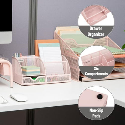 Mind Reader 7-Compartment Desktop Organizer, Metal Mesh Desk Organizer for Pens, Sticky Notes, Mail and Office Supplies, Pink - color: Pink