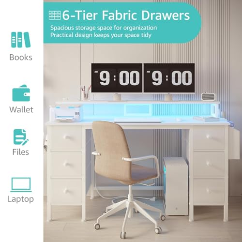 Lufeiya White Gaming Desk with Drawers & Storage Shelves, 47 inch Home Office Desk with Monitor Stand, Computer Desk with LED Lights and Power Outlets, White - color: White