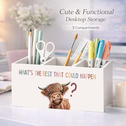 Best That Could Happen Cow Wooden 3-Compartment Desk Organizer | Cute cow quote design; 3 compartments hold pens, pencils, scissors, and rulers for kids, home, office, or classroom. - color: Best That Could Happen