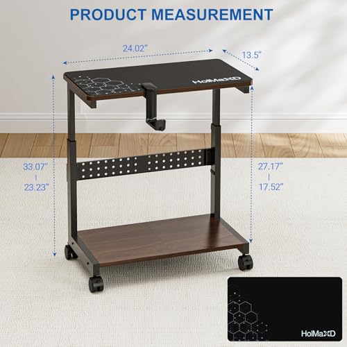 Height Adjustable Computer Tower Stand, 2-Tier ATX-Case CPU Holder with Mouse Pad & Headphone Stand, Mobile PC Standing Under Desk, Home Office Gaming Accessories, Computer Cart, Walnut - color: Walnut