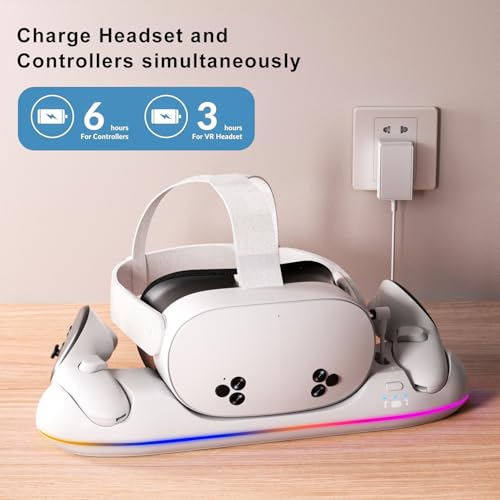 GearSpire Charging Dock Station for Quest 2/3/3S, White RGB LED Stand with USB-C Fast Charging, Controller Charger, VR Headset Accessories