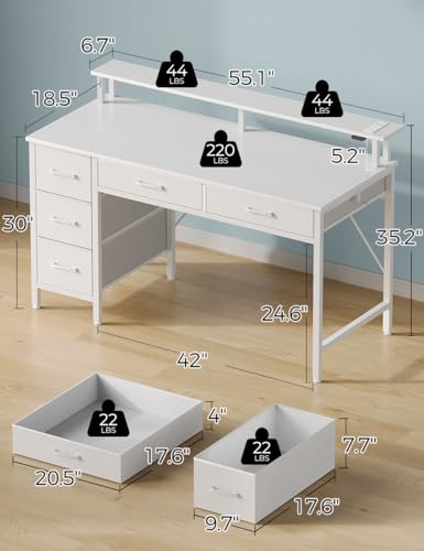 Seventable Computer Desk with Power Outlets & LED Light, 55 inch Home Office Desk with 5 Drawers, Writing Desk with Monitor Stand, Work Desk for Home Office, White - size: 55 inch