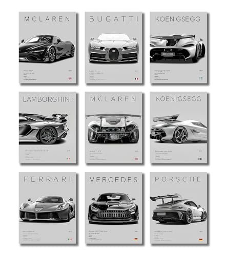 CSLGQGV Car Posters Vintage Racing Car Wall Art Supercar Canvas Prints Painting For Men Room Pictures Guys Dorm Room Aesthetics Decor Bedroom Office (Unframed,8×10inch,9pcs) - color: grey 2, size: 8" x 10" Poster