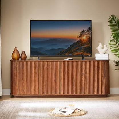 64" Modern TV Stand Sideboard Storage Cabinet, Wooden Curved TV Console with Sliding Doors, Wave Pattern Buffet Cabinet Wooden Vertical Striped Table for Kitchen/Bedroom/Entryway (Walnut) - color: Walnut
