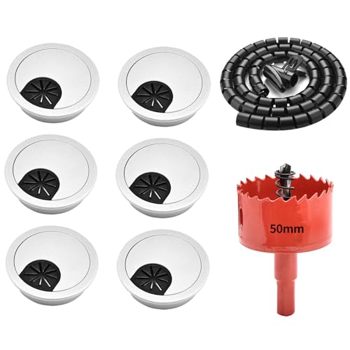 Surf turtle 6 Pack 2 Inch Silver Desk Grommets, Flexible Cable Cord Hole Cover with Bi-Metal Hole Saw Kit, 2m Cable Sleeve and Coiled Cord Wrap for Desktop Wire Management - color: Silver - Set, size: 50mm