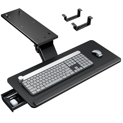 PEGZONE Keyboard Tray Under Desk Slide Out, 25 x 11 inch, Black | with Storage Drawer, Height Adjustable Swivel Tilt, Ergonomic Under Desk Mount Keyboard & Mouse Holder for Gaming Home Office