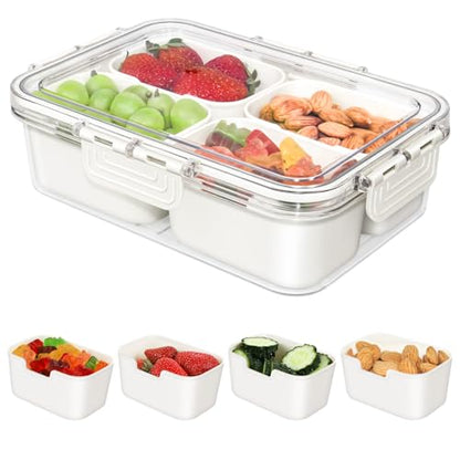 Small Snackle Box Container, Updated PP Dishwasher Safe Divided Serving Tray with Lid, 4 Compartment Snack Box Container for Candy, Fruits, Charcuterie, Travel & Parties, BPA-Free - color: Cream 1 Pack
