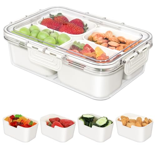Small Snackle Box Container, Updated PP Dishwasher Safe Divided Serving Tray with Lid, 4 Compartment Snack Box Container for Candy, Fruits, Charcuterie, Travel & Parties, BPA-Free - color: Cream 1 Pack