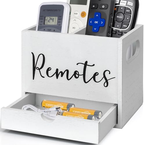 Remote Control Holder, 2 Slot Wooden TV Remote Holder for Table, Remote Box Desk Organizer with Drawers for Home Nightstand Office Supplies (White) - color: White