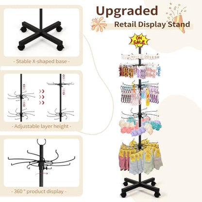 Flenpptly Retail Display Stand, 5-Tier Rotating Display Rack for Store Display, Movable and Adjustable Spinning Display Stand for Earrings, Jewelry, Keychains, Socks Display (Black) - color: Black