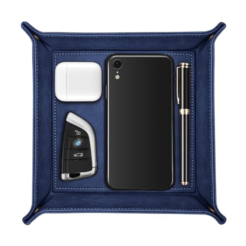 SITHON Valet Tray Desktop Storage Organizer – Premium PU Leather Catchall Bedside Vanity Tray Nightstand Caddy Holder for Keys, Phone, Wallet, Valentine's Day Gift, Dark Blue - color: Dark Blue