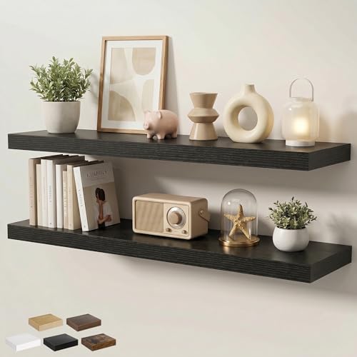 Floating Shelves for Wall 48 in x 9.3 in Deep, Wall Mounted Rustic Wood Shelf with Invisible Brackets for Storage & Display, Living Room Bedroom Bathroom, Black, 2 Pack - color: Black, size: 48 Inch, 2 pack