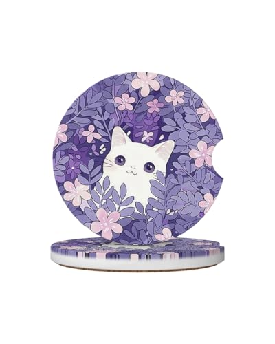 Car Cup Holder Coasters, 2 Pcs Ceramic Coasters with Cork Back and Finger Slot, Anti-Slip Shock Absorbing Women and Men Universal Car Accessories - White Little Cat - color: White Little Cat
