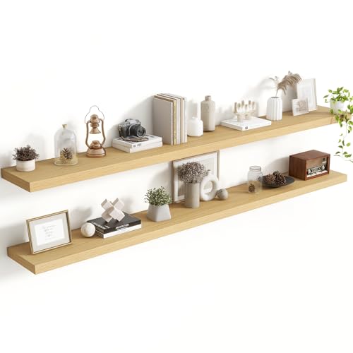 Acovy 72 Inch Floating Shelves, 8 Inch Deep Floating Shelves for Wall, Hanging Shelf with Invisible Brackets, Deep Shelves for Bathroom, Bedroom, Living Room, Oak, Set of 2 - color: Oak, size: 8"Wx72"L-2pcs