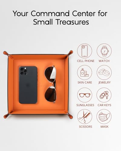 VLANDO Valet Tray for Men Women, Vanity Trays Catchall Tray for Dresser Top Desk Storage Bedside, Travel PU Leather Tray Jewelry Key Phone Coin Change Watches and Candy Holder Sundries Entryway Tray | Bright catchall tray for vanity, dorm room or desk sto