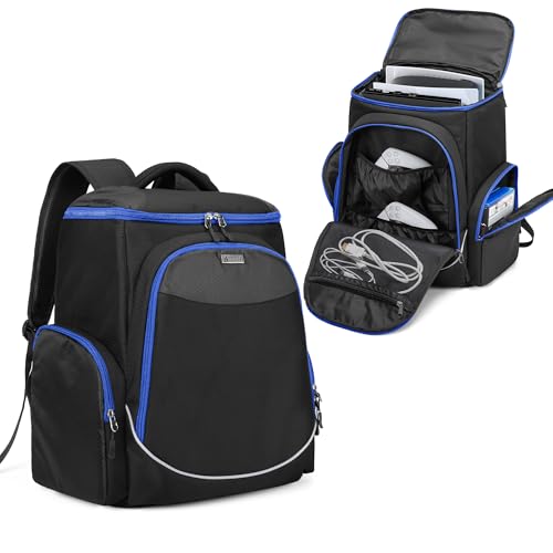 Trunab Gaming Console Backpack Compatible with Playstation 5 / PS5 Slim / PS4 / Xbox One, Travel Carrying Bag with Multiple Pockets for 15.6” Laptop and Gaming Accessories - color: Blue Zip