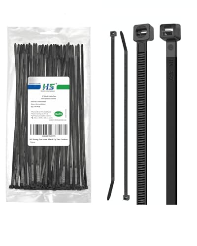 HS Strong Medium Zip Ties 8 Inch x 3/16" UV Rated Black 100 PCS Cable Zipties 50 Pounds Heavy Duty Self-Locking Strap Ties Automotive,Outdoor Fence Purpose - color: Black 8"100