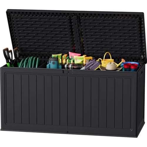 JUMMICO 270 Gallon Outdoor Storage Deck Box with Divider, Double Wall Storage Box with Lockable Lid for Garden Tools, Pools Supplies (Black) - color: Black, size: 270 gallon