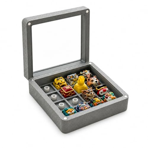 16-Slot Artisan Keycap Display Case, Cement Gray 3D Printed Keycap Storage Box with Magnetic Lid, Dust-Proof Acrylic Cover, Minimalist Desk Setup Organizer for Mechanical Keyboard Enthusiasts - color: Cement Gray