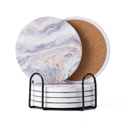 Hoewina 6Pcs Drink Coasters with Holder, Marble Style Ceramic Drink Coaster, Absorbent Coasters Set Suitable for Kinds of Cups, Modern Style Coasters for Coffee Table, 4 Inches（Style 8） - color: Style 8