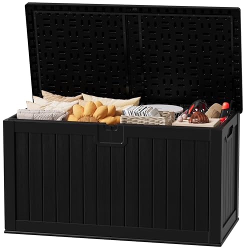 JUMMICO 250 Gallon Outdoor Resin Deck Box with Divider, Waterproof Storage Box with Lockable Lid&Side Handles for Garden Tools, Pools Supplies (Black) - color: Black, size: 250 gallon