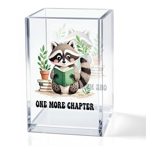 One More Chapter Acrylic Pencil Holder Cup, Book Lover Gifts for Women, Funny Reading Raccoon Desk Organizer and Accessories for Raccoon Lover Bookish Bookworms Readers, Pen & Bookmark Holder - color: brown