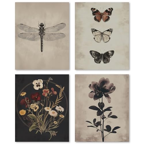 FGFK Moody Dragonfly Butterfly Floral Wall Art Prints Set of 4, Vintage Dark Cottagecore Insect Wildflower Botanical Posters Pictures Wall Decor for Home Bedroom Living Room, 8x10 Unframed - color: Moody Dragonfly