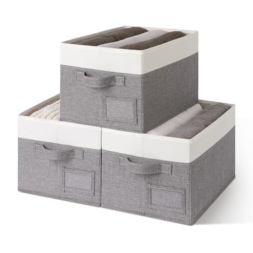 GRANNY SAYS Fabric Storage Bins, Closet Storage Bins for Clothes, Shelf Storage Baskets with Handles, Collapsible Storage Boxes, Decorative Storage Containers, Gray&White, Medium, 3-Pack - color: White&Gray, size: Medium
