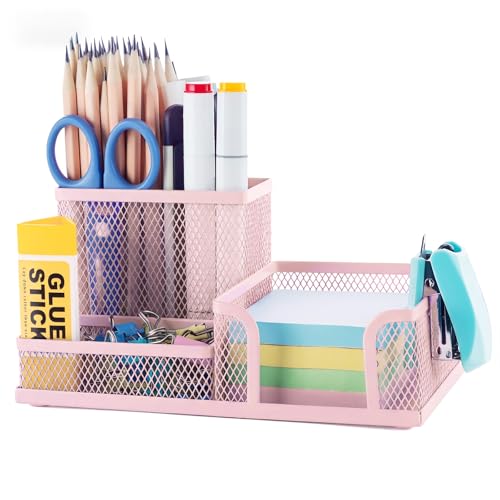 M&G Mesh Pen Holder Desk Organizers Pencil Holder for Desk Pink, 3 Compartments Metal Office Supply Organizer with Sticky Notes Holder for Home Office - color: Pink