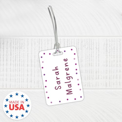 Personalized Pink Polka Dot Luggage Tag / 2.75" x 4" Custom Abstract Bag Tag/Double Sided Durable Plastic Luggage Tag with Plastic Strap/Made in The USA - style: Pink Dots