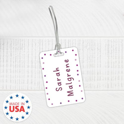 Personalized Pink Polka Dot Luggage Tag / 2.75" x 4" Custom Abstract Bag Tag/Double Sided Durable Plastic Luggage Tag with Plastic Strap/Made in The USA - style: Pink Dots