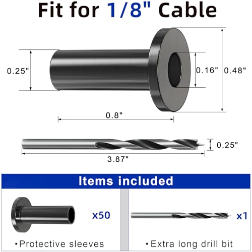 50 Pack Cable Railing Protector Sleeves for 1/8” Deck Railing System, Black Cable Railing Kit Hardware for Wood Post, T316 Stainless Steel Marine Grade DB58