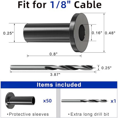 50 Pack Cable Railing Protector Sleeves for 1/8” Deck Railing System, Black Cable Railing Kit Hardware for Wood Post, T316 Stainless Steel Marine Grade DB58