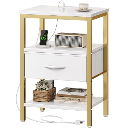 SUPERJARE Nightstand with Charging Station, Bed Side Table with Adjustable Fabric Drawer, Night Stand for Bedroom, 3-Tier Storage End Table, for Living Room, White and Gold - color: White and Gold, size: M (11.8"D x 15.7"W x 23.4"H)
